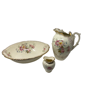 Antique Jug and Basin Three Piece Set, Flowers and Shell Design