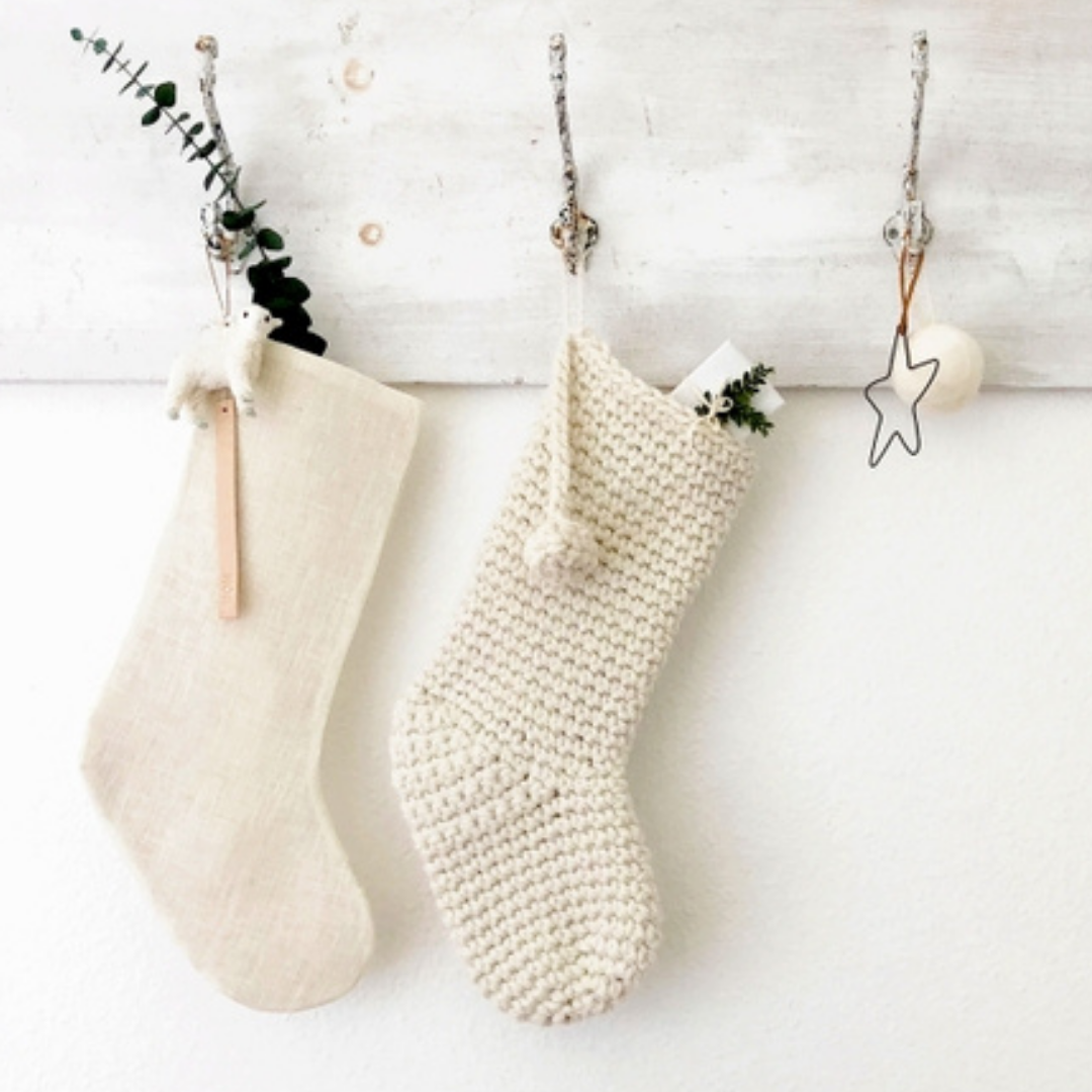 Ivory Linen Stocking with Leather Tag, FA LA LA