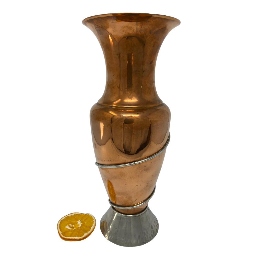 12in Copper Vase with white metal base and swirl