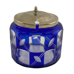 Blue and clear glass vanity jar and lid